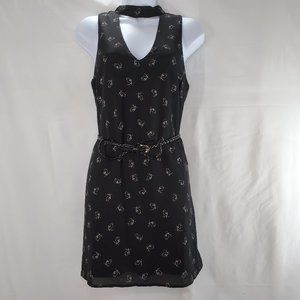 Women's V-neck mini black dress with braided belt